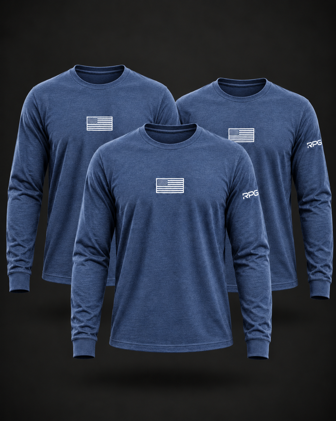 MEN'S RPG LONG SLEEVE BASIC TEE-HEATHER BLUE- 3 PACK BUNDLE (NEW)