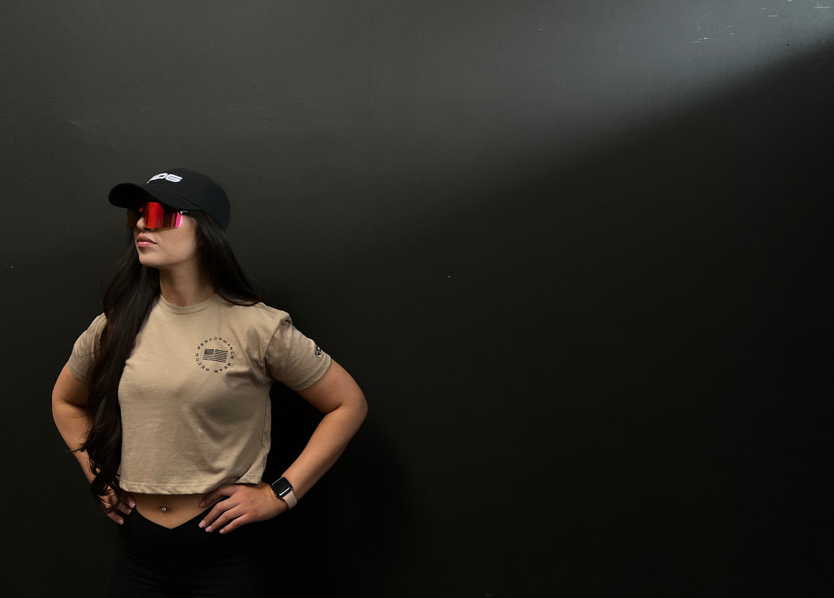 WOMEN&#39;S RPG &quot;ELITE&quot; CROP TEE- TAN