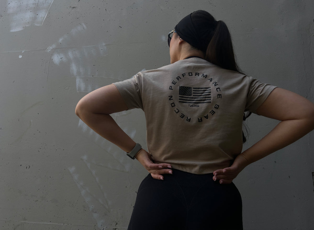 WOMEN&#39;S RPG &quot;ELITE&quot; CROP TEE- TAN
