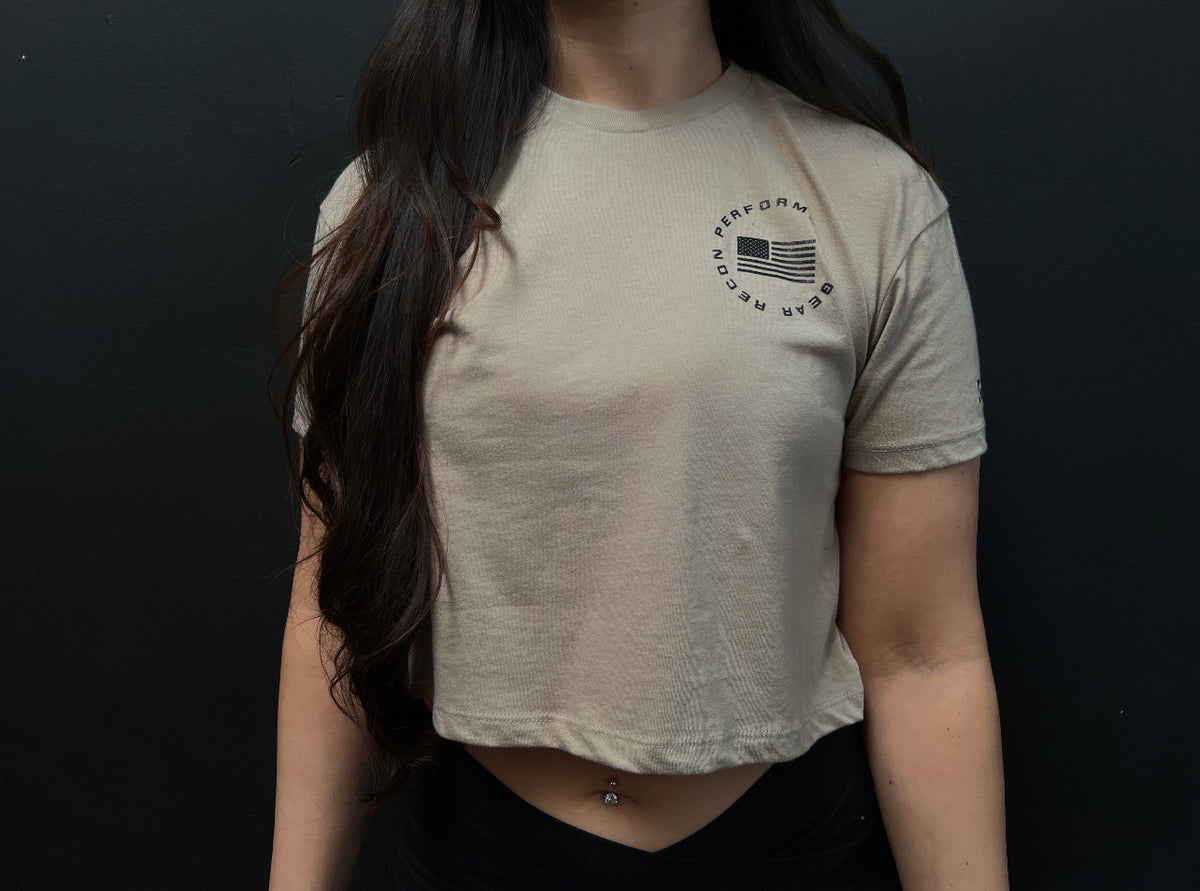 WOMEN&#39;S RPG &quot;ELITE&quot; CROP TEE- TAN