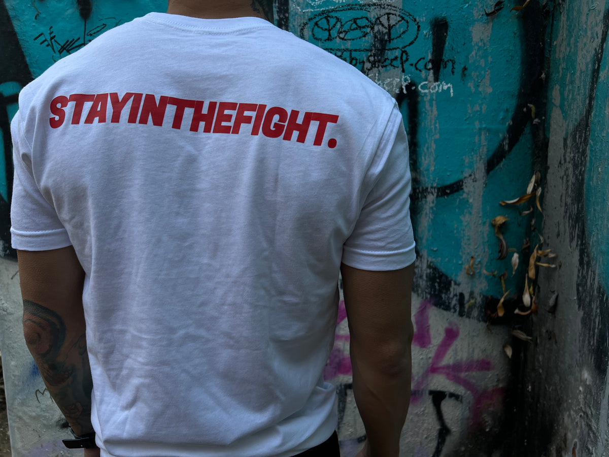 MEN&#39;S RPG &quot;STAY IN THE FIGHT&quot; WHITE GRAPHIC TEE